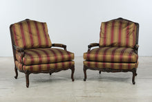 Load image into Gallery viewer, Pair of Hancock and Moore Mahogany Lounge Chairs with Striped Upholstery