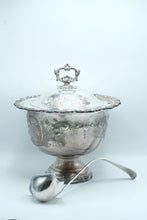Load image into Gallery viewer, Antique Hand Chased Silver Plate Covered Punch Bowl Tureen with Ladle
