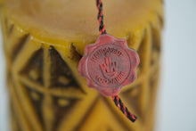 Load image into Gallery viewer, Mid-Century German “Handarbeit” Carved Wax Pillar Candle on Wrought Iron Stand – Artisan 100-Jahre Seal (9.5")