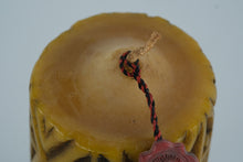Load image into Gallery viewer, Mid-Century German “Handarbeit” Carved Wax Pillar Candle on Wrought Iron Stand – Artisan 100-Jahre Seal (9.5")