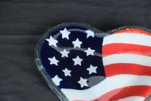 Load image into Gallery viewer, Peggy Karr American Flag Heart Fused Glass Dish Patriotic Art Glass 10.5 Inch