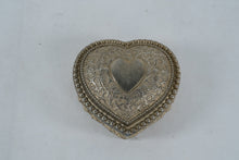 Load image into Gallery viewer, Vintage Silver-Plated Heart Shaped Jewelry Trinket Box with Blue Velvet Lining – Ornate Floral Design