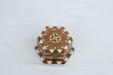 Load image into Gallery viewer, Vintage Hexagonal Wood Inlay Jewelry Trinket Box Mosaic Marquetry Hinged Keepsake