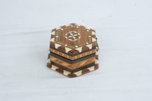 Load image into Gallery viewer, Vintage Hexagonal Wood Inlay Jewelry Trinket Box Mosaic Marquetry Hinged Keepsake