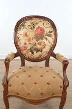 Load image into Gallery viewer, French Louis XV Style Upholstered Accent Chairs Pair Floral Back Tufted Seats