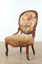 Load image into Gallery viewer, French Louis XV Style Upholstered Accent Chairs Pair Floral Back Tufted Seats