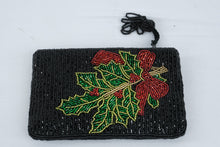 Load image into Gallery viewer, Black Beaded Christmas Clutch Holly Berries Bow Evening Bag 7 by 4