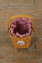 Load image into Gallery viewer, Longaberger 1995 Horizon of Hope Basket w/ Pink Stripe Liner, Protector & Ceramic Tie-On – Handwoven USA (4")