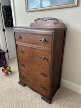 Load image into Gallery viewer, Art Deco Burlwood Chest of Drawers with Sculpted Crest