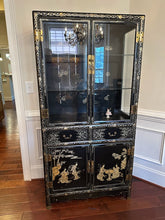 Load image into Gallery viewer, Vintage Chinese Jinlong Black Lacquer Chinoiserie Display Cabinet with Gilt Figures