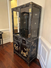 Load image into Gallery viewer, Vintage Chinese Jinlong Black Lacquer Chinoiserie Display Cabinet with Gilt Figures