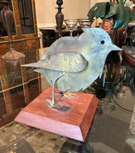 Load image into Gallery viewer, Handcrafted Metal Bird Sculpture on Wood Base | Folk Art Garden Bird | 6” Tall Decor Accent