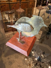 Load image into Gallery viewer, Handcrafted Metal Bird Sculpture on Wood Base | Folk Art Garden Bird | 6” Tall Decor Accent