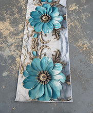Load image into Gallery viewer, Long Floral Runner Rug Teal Blue Flowers Marble Pattern 24 x 126 Non Slip Backing