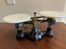 Load image into Gallery viewer, Antique Ohaus Cast Iron Balance Scale with Milk Glass Pans – Apothecary / Laboratory Scale (14” x 6” x 7”)