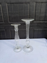 Load image into Gallery viewer, Tall Clear Glass Candlesticks Pair Hand Blown Style Twisted Stem Floor or Table Decor