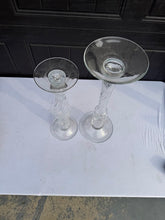 Load image into Gallery viewer, Tall Clear Glass Candlesticks Pair Hand Blown Style Twisted Stem Floor or Table Decor