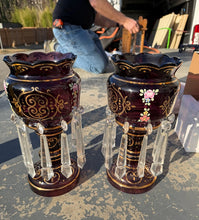 Load image into Gallery viewer, Pair of Amethyst Glass Lustre Candlesticks Bohemian Style 13 Inch
