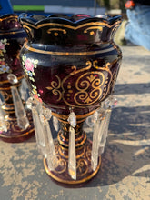 Load image into Gallery viewer, Pair of Amethyst Glass Lustre Candlesticks Bohemian Style 13 Inch