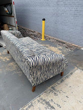 Load image into Gallery viewer, Designer Upholstered Sofa in Blue & Ivory Abstract Pattern