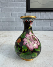 Load image into Gallery viewer, 5" Tall Chinese Cloisonne Vase Black Ground Floral Design Brass Rim