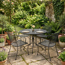 Load image into Gallery viewer, 5-Piece Black Wrought Iron Mesh Outdoor Patio Dining Set with Round Table and Four Chairs