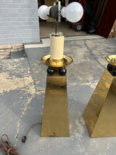 Load image into Gallery viewer, Pair Postmodern Brass Table Lamps Geometric Pedestal Base 1980s