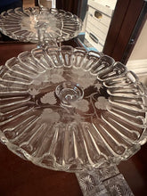 Load image into Gallery viewer, Pressed Glass Pedestal Cake Stand Etched Floral Pattern Vintage Style
