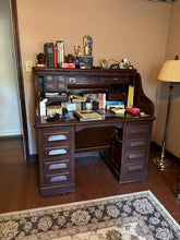 Load image into Gallery viewer, Antique Solid Oak Roll Top Desk with Lift Top Writing Surface and Interior Storage