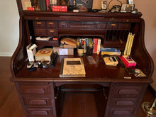 Load image into Gallery viewer, Antique Solid Oak Roll Top Desk with Lift Top Writing Surface and Interior Storage