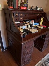 Load image into Gallery viewer, Antique Solid Oak Roll Top Desk with Lift Top Writing Surface and Interior Storage