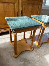 Load image into Gallery viewer, Green Marble Top Side Tables Pair Oak Base Plant Tables