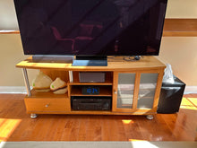 Load image into Gallery viewer, Teak Media Console Cabinet with Frosted Glass Doors and Metal Legs