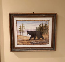 Load image into Gallery viewer, Black Bear by the Lake Rustic Wildlife Art by R. Jenkins in Reclaimed Wood Frame