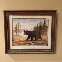 Load image into Gallery viewer, Black Bear by the Lake Rustic Wildlife Art by R. Jenkins in Reclaimed Wood Frame