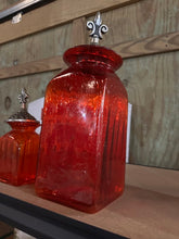 Load image into Gallery viewer, Pair Red Glass Apothecary Jars Lidded Decorative Bottles Fleur De Lis Finials