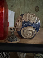 Load image into Gallery viewer, Studio Pottery Lidded Jar Blue Beige Spiral Motif Decorative Vessel