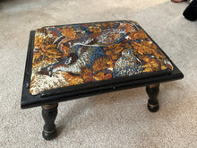 Load image into Gallery viewer, Vintage Hunting Bird Upholstered Footstool Black Wood Needlepoint Ottoman