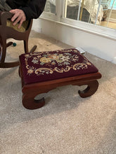 Load image into Gallery viewer, Vintage Needlepoint Footstool Mahogany Wood Floral Upholstered Ottoman