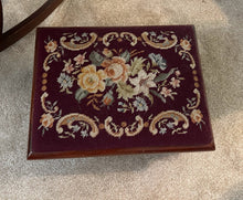 Load image into Gallery viewer, Vintage Needlepoint Footstool Mahogany Wood Floral Upholstered Ottoman