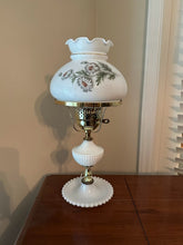 Load image into Gallery viewer, Vintage Milk Glass Hurricane Lamp Daisy Floral Brass Accent Table Lamp