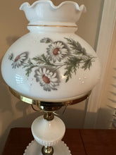 Load image into Gallery viewer, Vintage Milk Glass Hurricane Lamp Daisy Floral Brass Accent Table Lamp