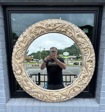 Load image into Gallery viewer, Ornate Round Wall Mirror – Antique White & Gold Scroll Frame