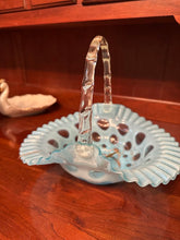 Load image into Gallery viewer, Vintage Fenton Blue Opalescent Hobnail Basket Ruffled Glass Handle