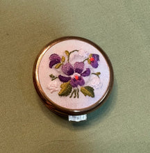 Load image into Gallery viewer, Vintage Embroidered Floral Pill Box Compact White Interior Brass Tone