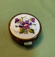 Load image into Gallery viewer, Vintage Embroidered Floral Pill Box Compact White Interior Brass Tone