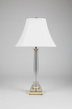 Load image into Gallery viewer, Tall Clear Lucite Column Table Lamp Brass Base White Shade