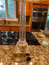 Load image into Gallery viewer, Tall Clear Lucite Column Table Lamp Brass Base White Shade