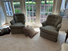 Load image into Gallery viewer, Pair of Custom Upholstered Swivel Rocker Lounge Chairs by Spicer's Upholstery