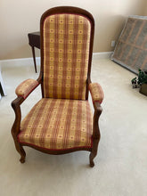 Load image into Gallery viewer, French Provincial Walnut Wingback Armchair with Plaid Upholstery
